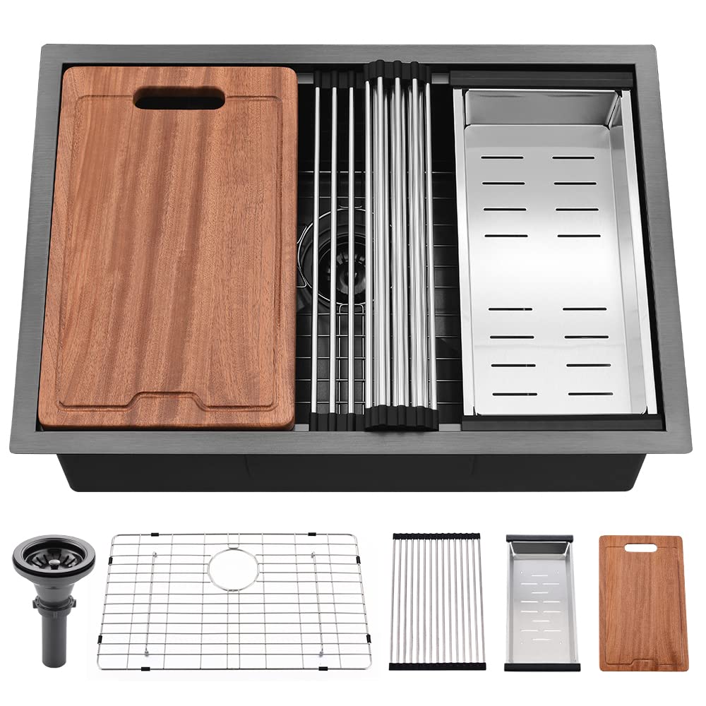 27 Inch Black Undermount Kitchen Sink Workstation-Bokaiya 27x19 Stainless Steel Undermount Sink 16 Gauge Deep Single Bowl Kitchen Sinks with Cutting BoardRecycled Claim Standard Blended