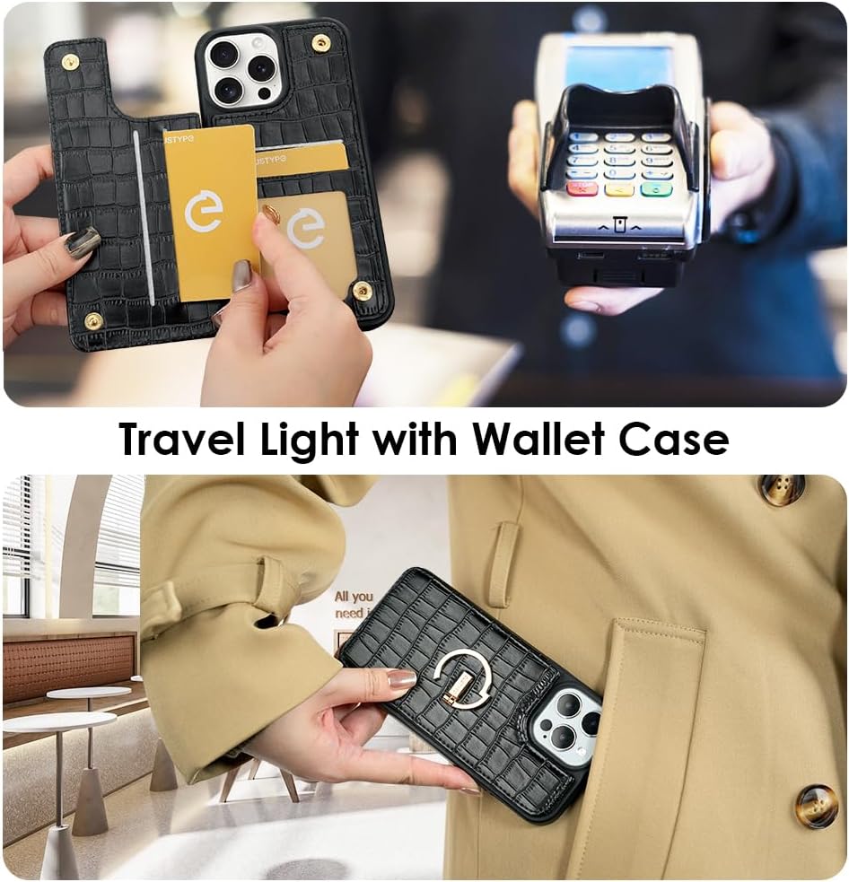 CUSTYPE for iPhone 16 Pro Max Wallet Case with Card Holder,180°Ring Holder Kickstand Card Slots Case for iPhone 16 Pro Max 6.9inch-Black