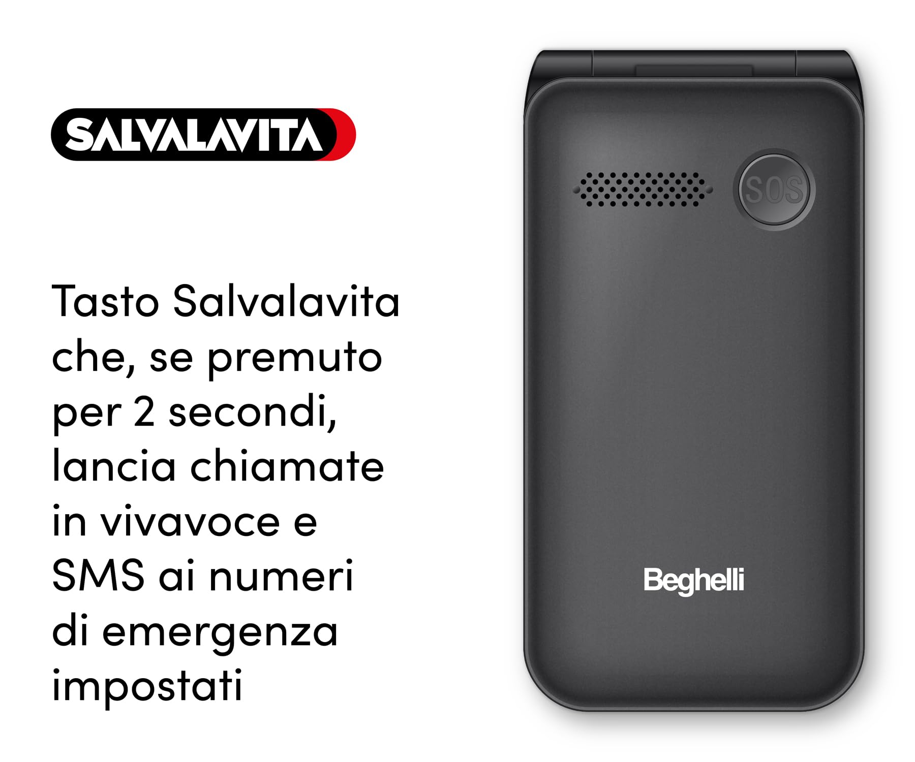 Beghelli - Telefono Anziani Salvalavita SLV40, Conchiglia, 4G, con Tasto SOS e Chiamata Rapida, Cellulare con Grandi Tasti, Volume Alto, Display 2.8", Torcia, Radio, Fotocamera - Colore: Nero