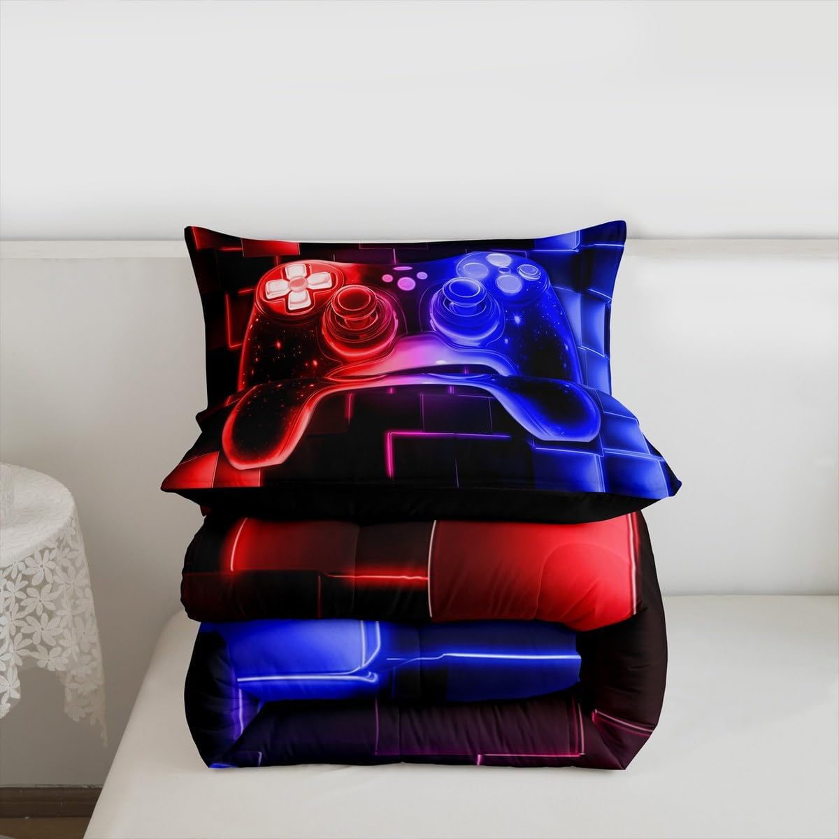Erosebridal Kids Gamer Comforter Set Queen, Gaming Bedding, Video Games Gamepad Bedding Comforter Sets Neon Glowing Square Geometric Grid Red Blue Bedroom Decor Duvet Insert