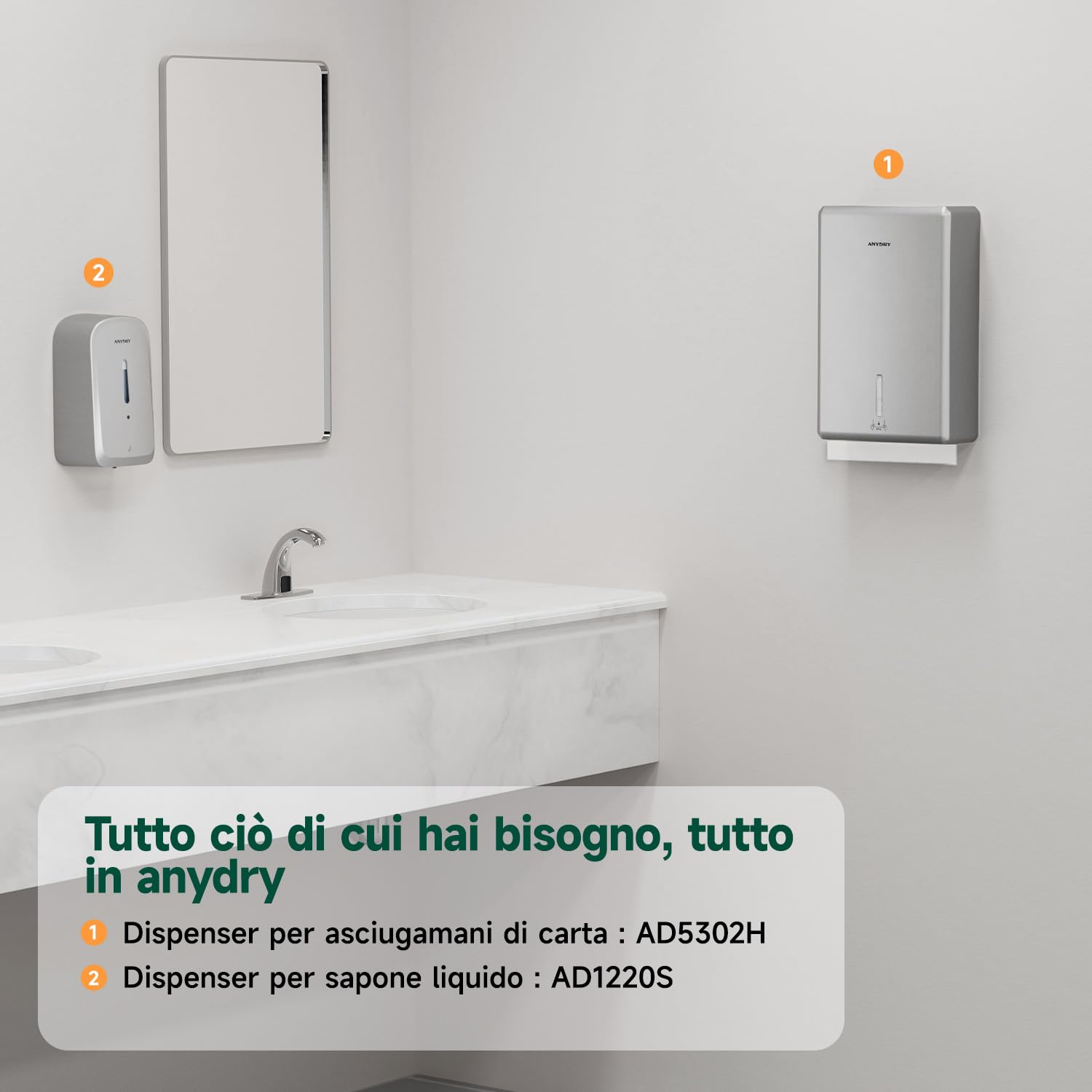anydry Dispenser Asciugamani di Carta a Parete, Piega H3/V/ZZ, Dimensioni Da Piegato Max 25,2 x 11,5 cm, Modello 5302H, Argento