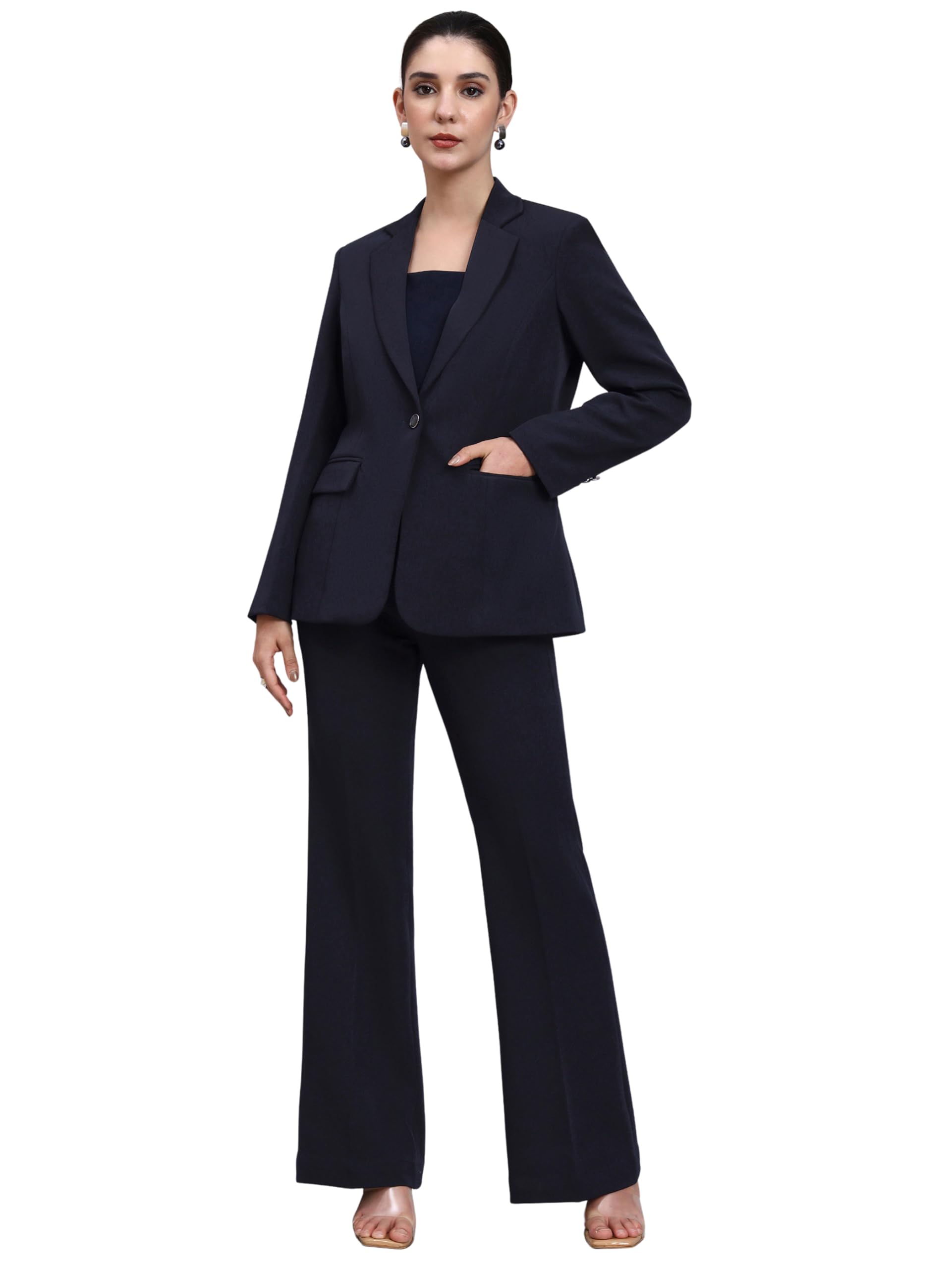 Navy Blue Blazer Set with Silver Grey Button Details | Formal Blazer & Trousers for Women | Stylish Coat