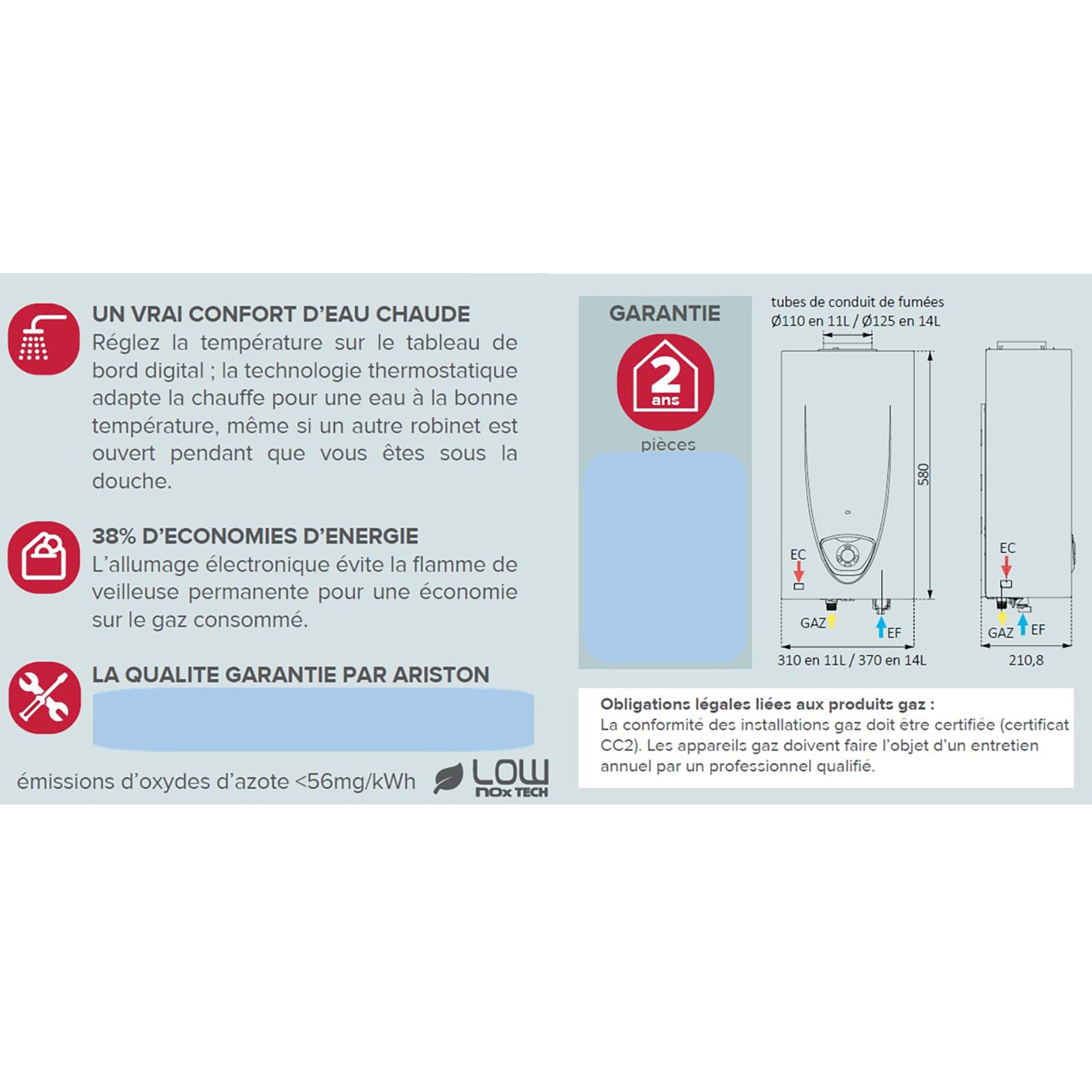 Ariston FAST EVO X DISPLAY Chauffe-eau gaz instantané, Gaz Butane ou Propane, Low Nox, 11 l/min, 15% d'économies d'énergies, Classe énergétique A, Conçu et fabriqué pour être installé en France