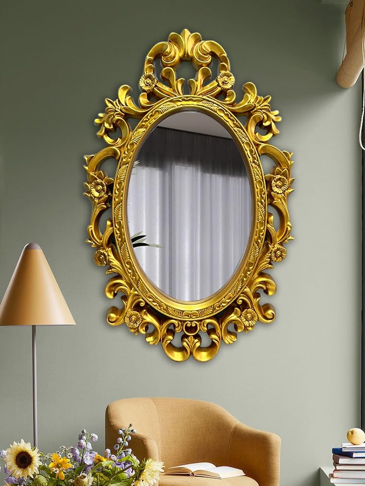 Barokowe Owalne Lustro Ścienne, 26 X 39 Cali, Rzeźbione Lustro Ścienne W Stylu Vintage, Antyczne Dekoracyjne Lustro Wiszące Do Dekoracji Ściennej, Do Przedpokoj(Złoto)