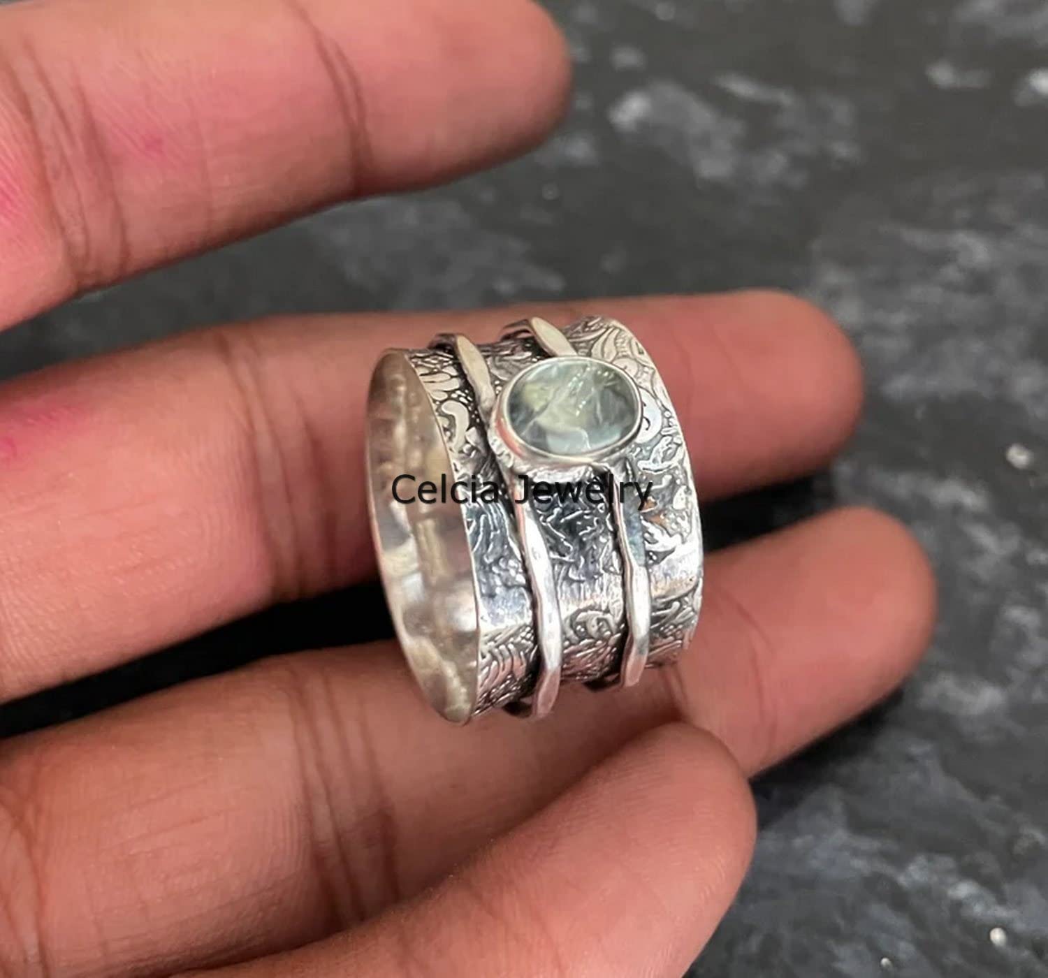 Natürlicher Amazonit-Edelstein-Blumen-Blumen-Designer-Spinner-Ring, echter 925er Sterlingsilber-Meditationsring, Angst-Ring, ethnischer Fidget-Ring, oxidierter Silber-Spin-Ring