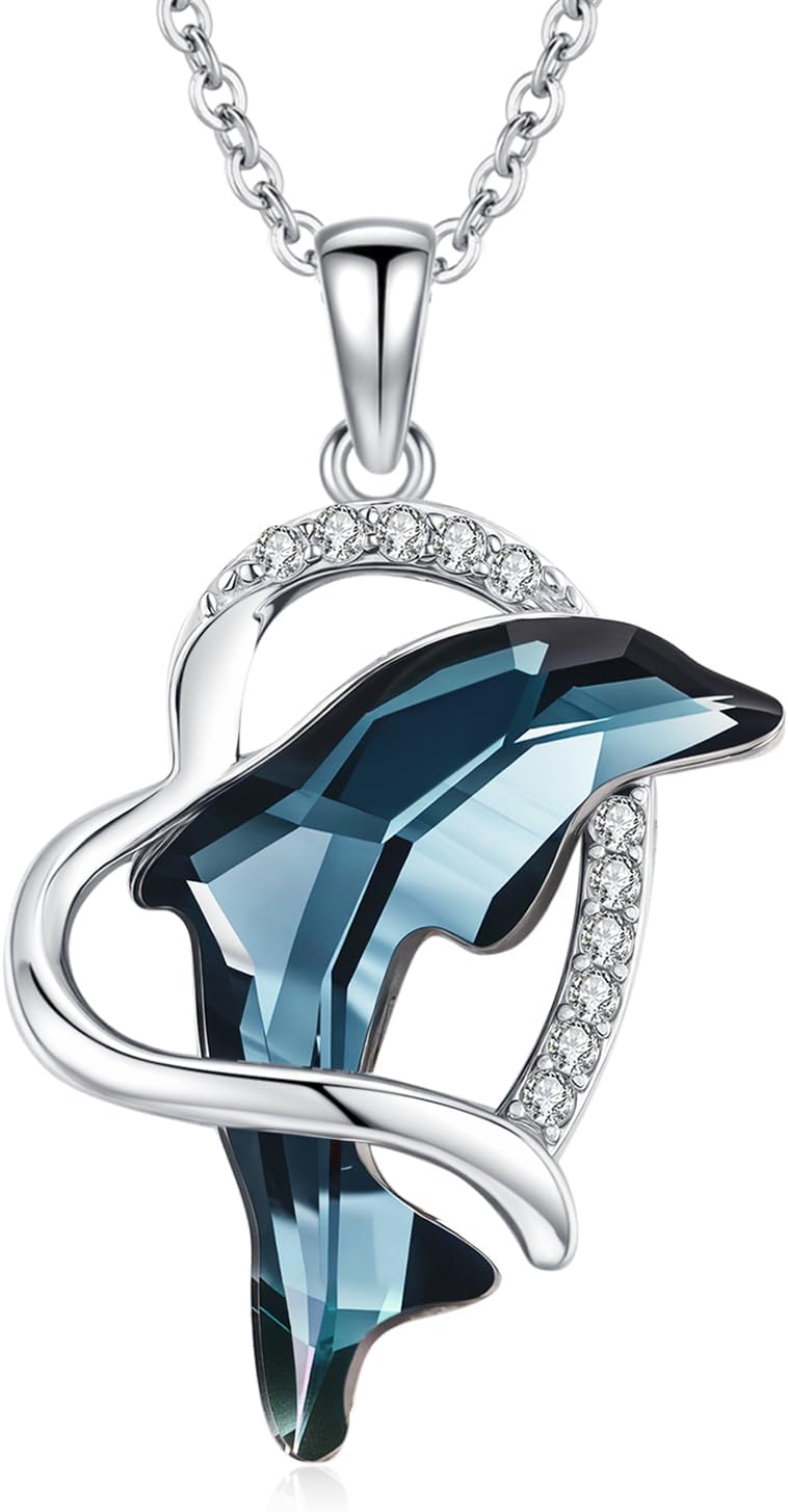 Dolphin Necklace for Women 925 Sterling Silver Blue Crystal Heart Dolphin Necklace Animal Beach Jewelry Gifts for Women