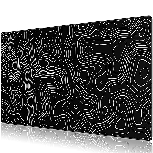 Image of Large Gmaing Mouse Pad with Stitched Edges, Superior Micro-Weave Cloth, Non-Slip Base, Size 35.4 X 15.7X 0.12inches - Black Topographic Contour