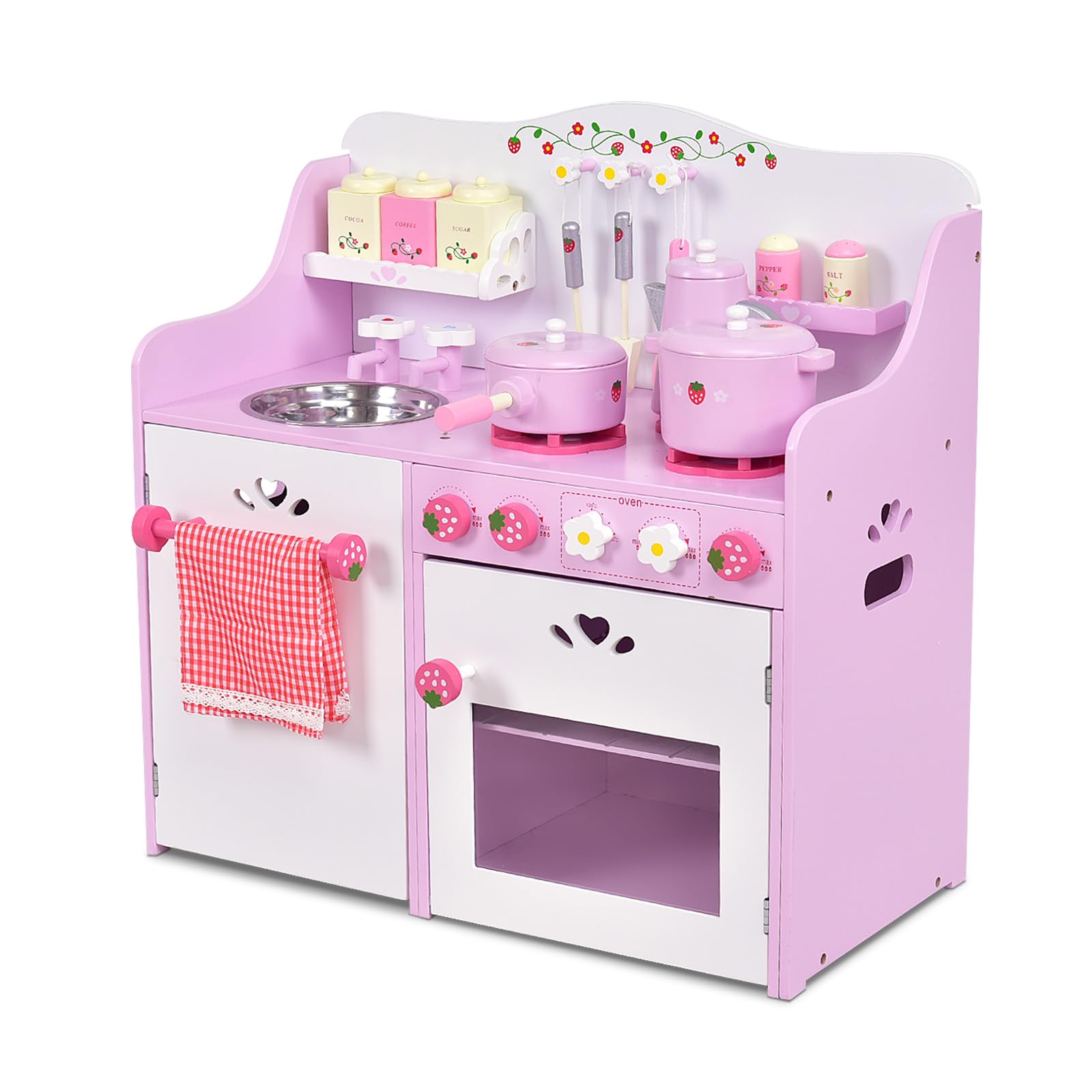 HOMASIS Cucina Giocattolo in Legno con Stampa di Fragole, Cucinetta con Porta Salviette e Asciugamano, Giocattoli di Simulazione di Ruolo per Bambini da 3+ Anni, 60 x 29,5 x 62 cm, Rosa