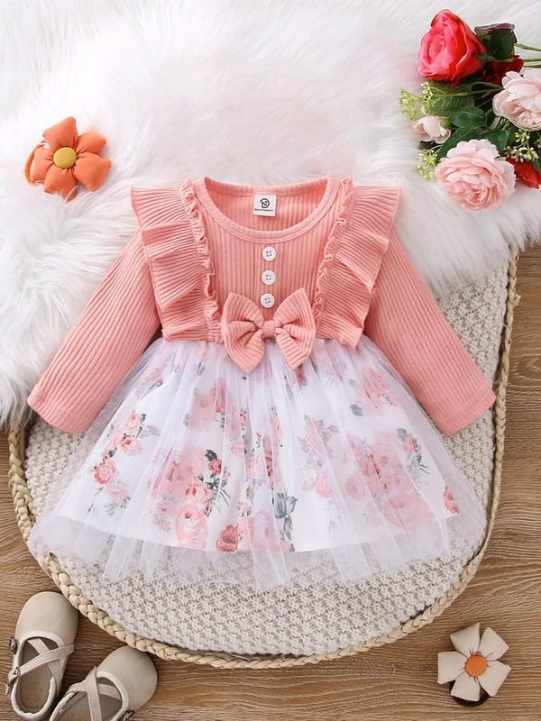 Image of Niren Enterprise Peach Bullfinch Baby Girls Modal and net and KitKat Fabric Full Sleeve Floral Printed Baby Girl Frock (Peach Bullfinch, 1-2)