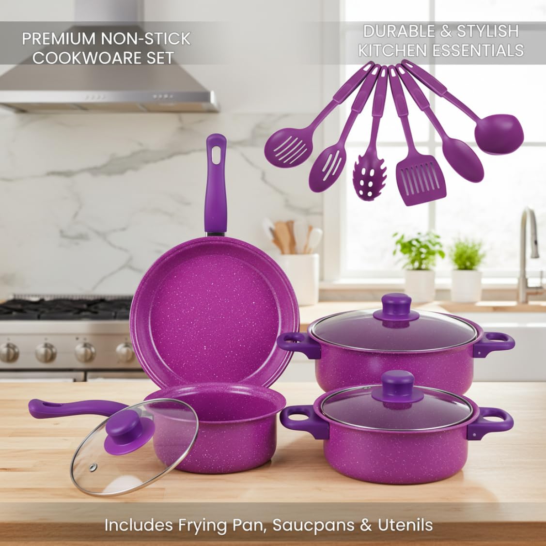 Set di Pentole Antiaderenti, Set di Pentole Antiaderenti da 13 Pezzi, E Padelle con Padella, Pentola per Il Latte E Utensili per La Cucina Casalinga, Viola