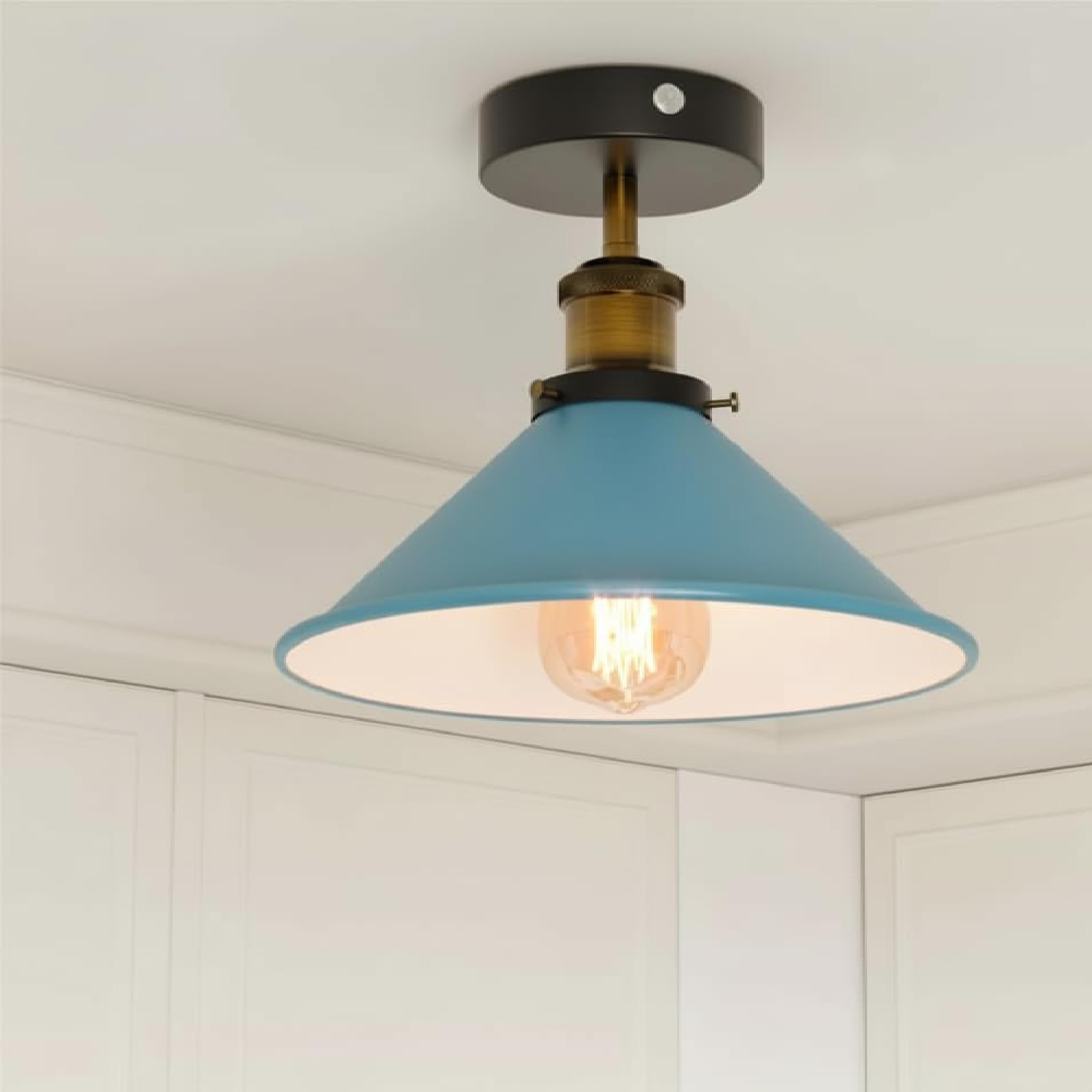 LEDSone Semi Flush Mount Ceiling Lighting Metal 22cm Blue Cone Shade with E27 Base Vintage Ceiling Lighting Fixtures for Hallway Bedroom Living Room with Bulb