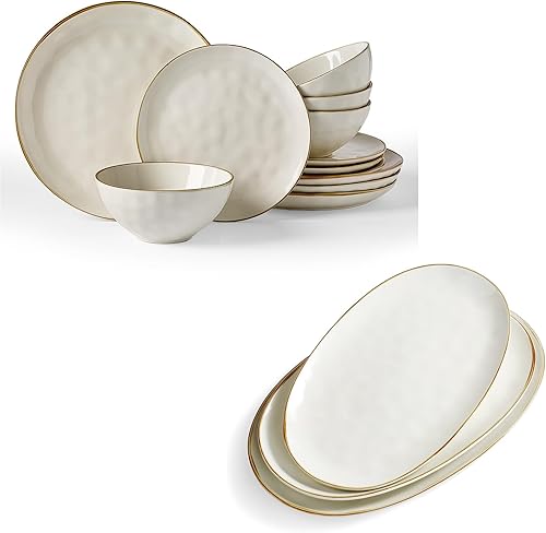 Famiware Juego de platos y cuencos redondos oceánicos, juegos de vajilla de 15 piezas para 4, 3 platos ovalados para servir, color blanco vainilla