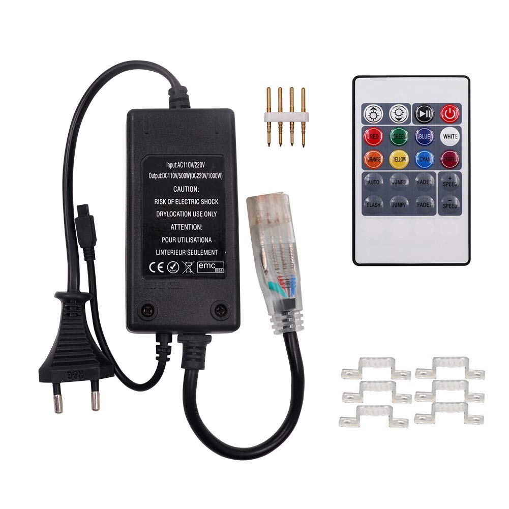 XUNATA IP67 Kit de tiras de LED RGB a prueba de agua, controlador remoto de 20 teclas, SMD 5050 120LEDs / m Cuerda de luz, CA 220V 240V Iluminación interior para interiores con alimentación (7m)