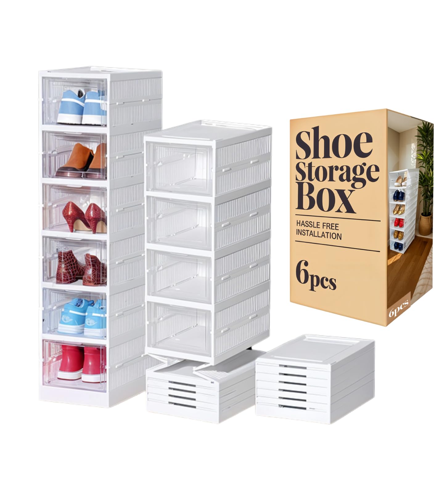 AQUA THOUGHTS Shoes Storage Box, Installation Free 6PCS Clear Shoe Boxes Stackable Foldable, Storage Organiser for shoes, Trainers,high heels,Hallway,Under Bed Shoe Box,Women,Men, Fit Up to UK 10