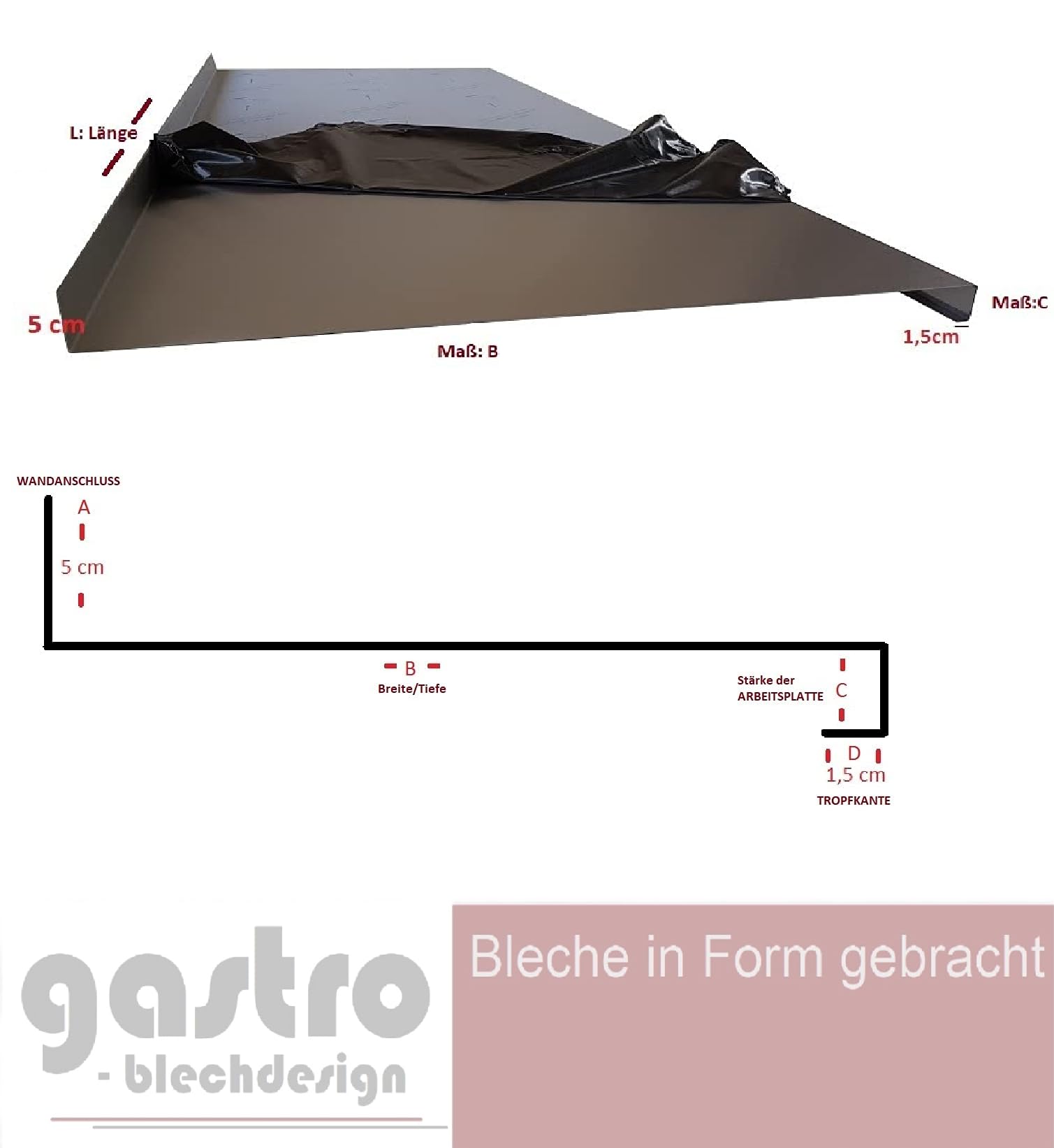 Edelstahl Arbeitsplatte mit Aufkantung| Edelstahl Arbeitstisch k240 geschliffen 1mm stark| Küchenarbeitsplatte | Abdeckung für 60 cm breite Trägerplatte 3 cm stark | Länge: 210 cm (2100mm) lang