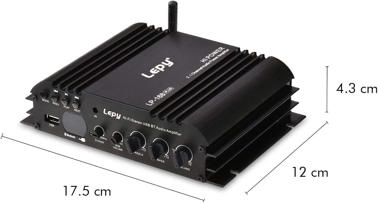 Side view of the WINGONEER LP-168 Plus amplifier with dimensions indicated: 17.5 cm length, 12 cm width, and 4.3 cm height.