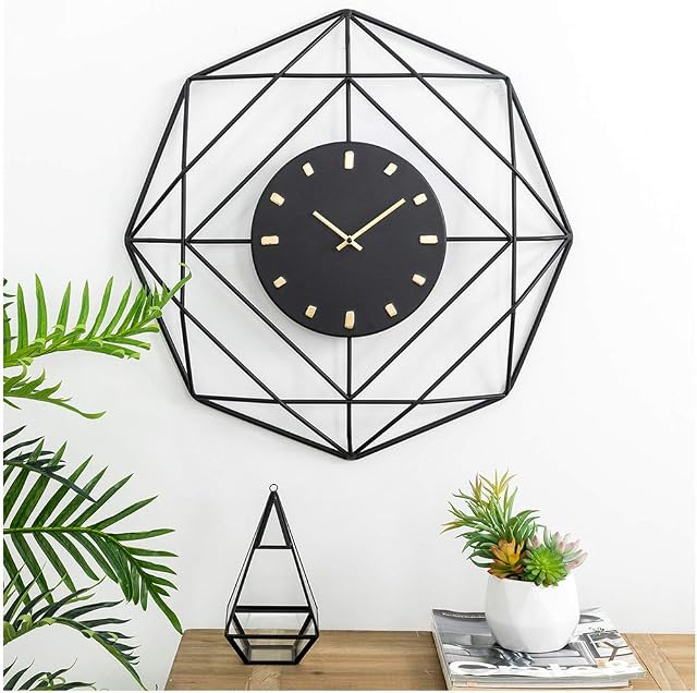glitzhome 24 Modern Metal Wall Clock Octagonal Black Golden Wall Clock Silent Decorative Wall Clock Battery Operated Hanging Clock for Home Living Room Bedroom Office Classroom