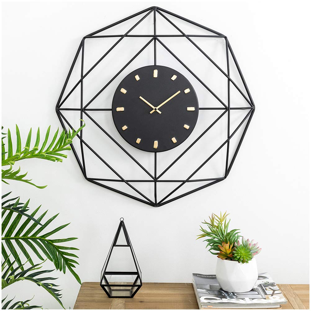 glitzhome24" D Modern Black & Golden Wall Clock, Indoor Silent Battery Operated Metal Clock for Bedrooms, Bathroom, Kitchen, Living Room, Office or Classroom