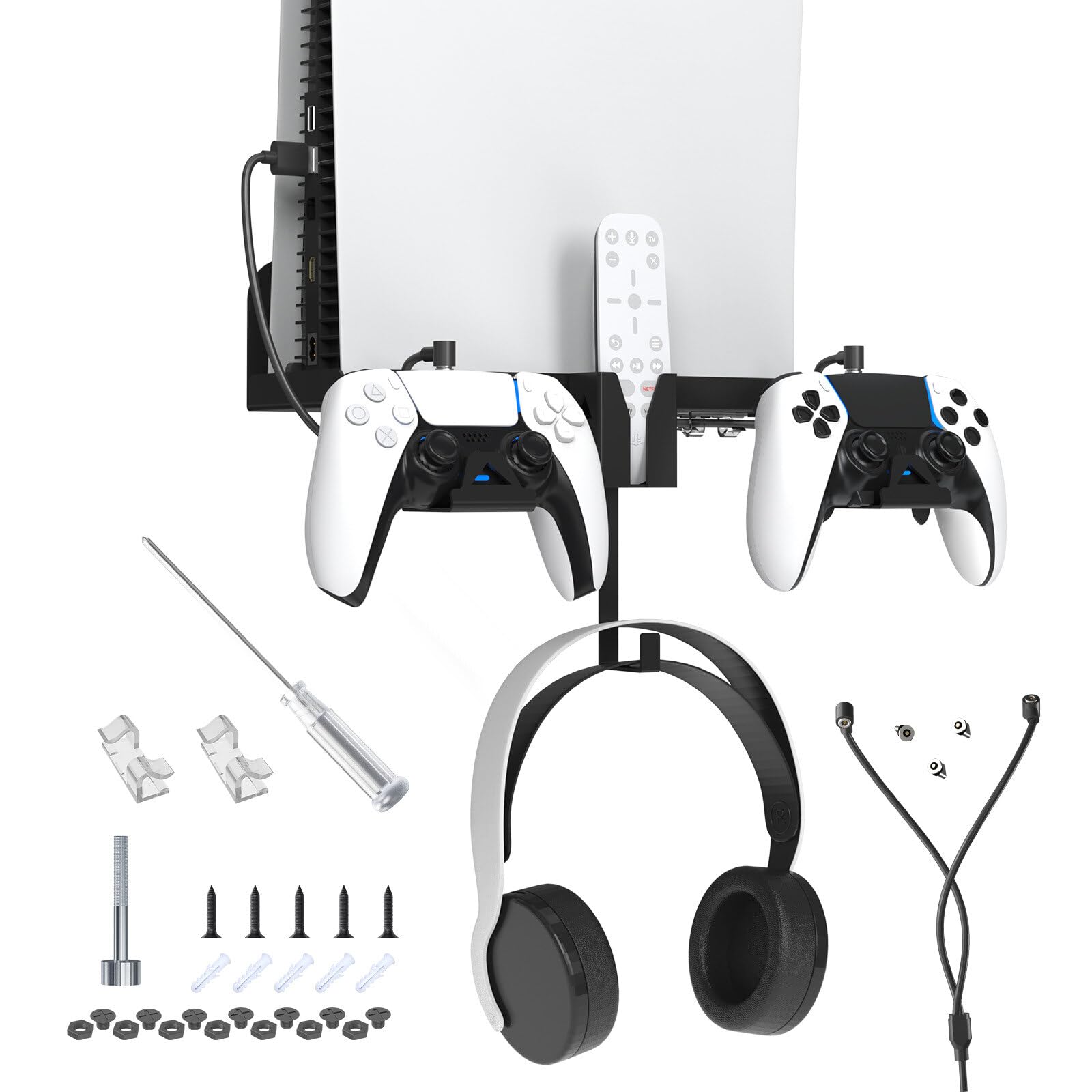 Kit de montaje en pared PS5, juego de estante de soporte de pared para PS5 con soporte para controlador, colgador de auriculares y soporte remoto, para disco PS 5/digital, Black, moda