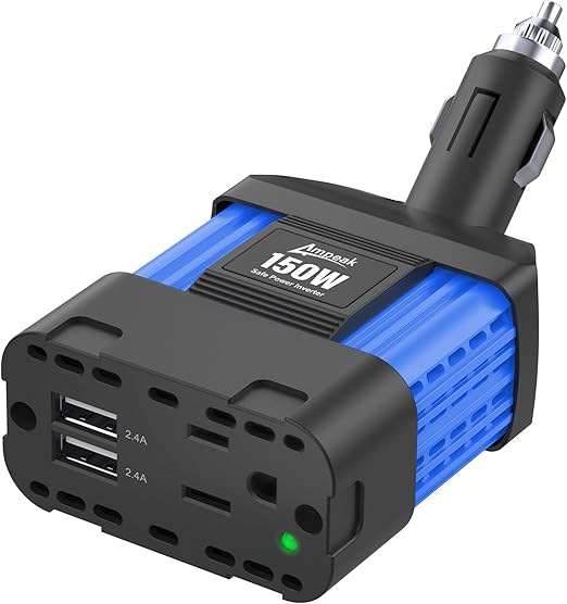 Ampeak 150W Car Power Inverter 4.8A Dual USB Ports AC Outlet Car Adapter Cordless Car Inverter 12V DC to 110V AC Car Adapter for Plug Outlet