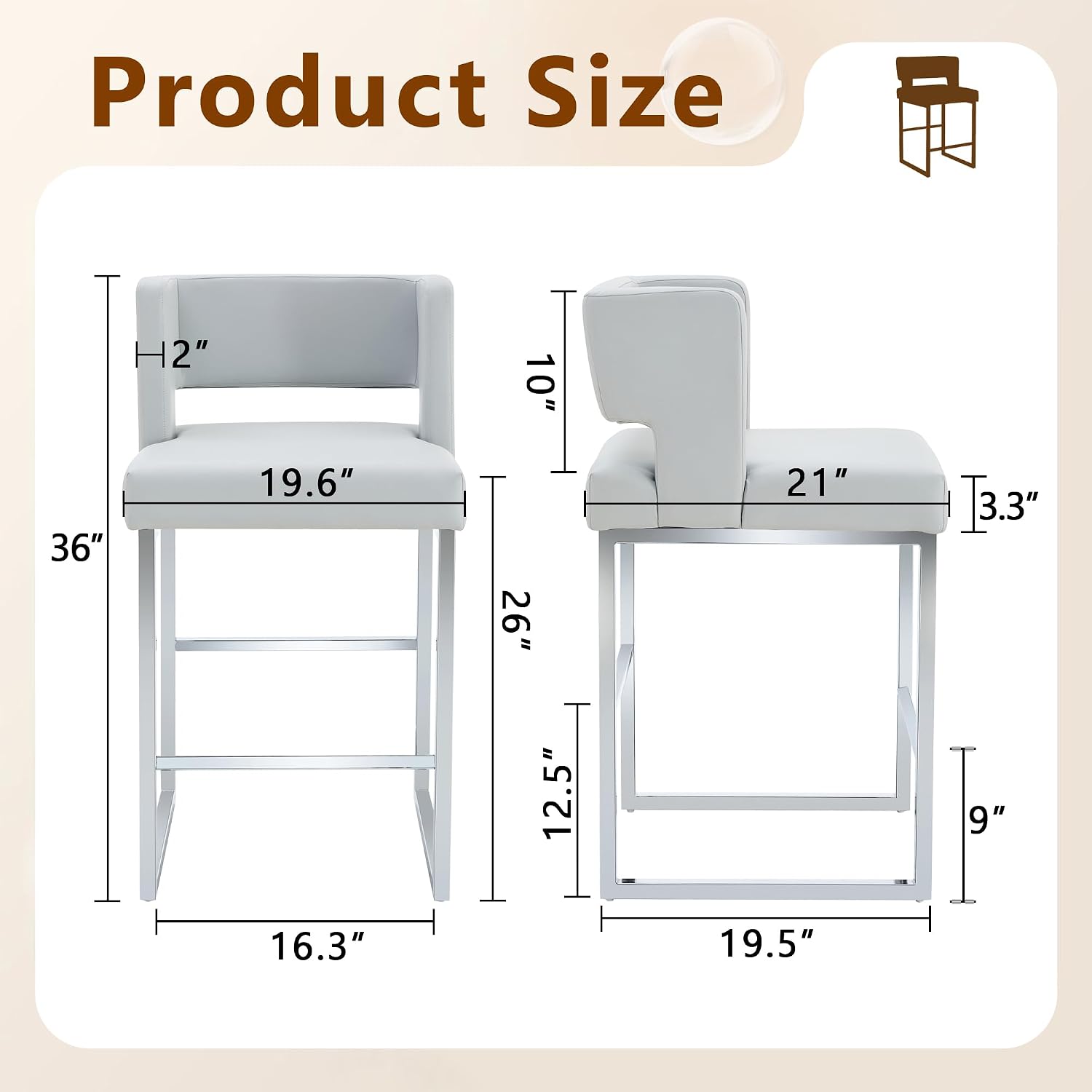 Hommoo 26” Bar Stools Set of 2, Counter Height Bar Chairs, Modern Kitchen Island Stools with Back and Arm, Faux Leather Barstools with Metal Legs for Home Bar Cafe Pub Grey and Silver
