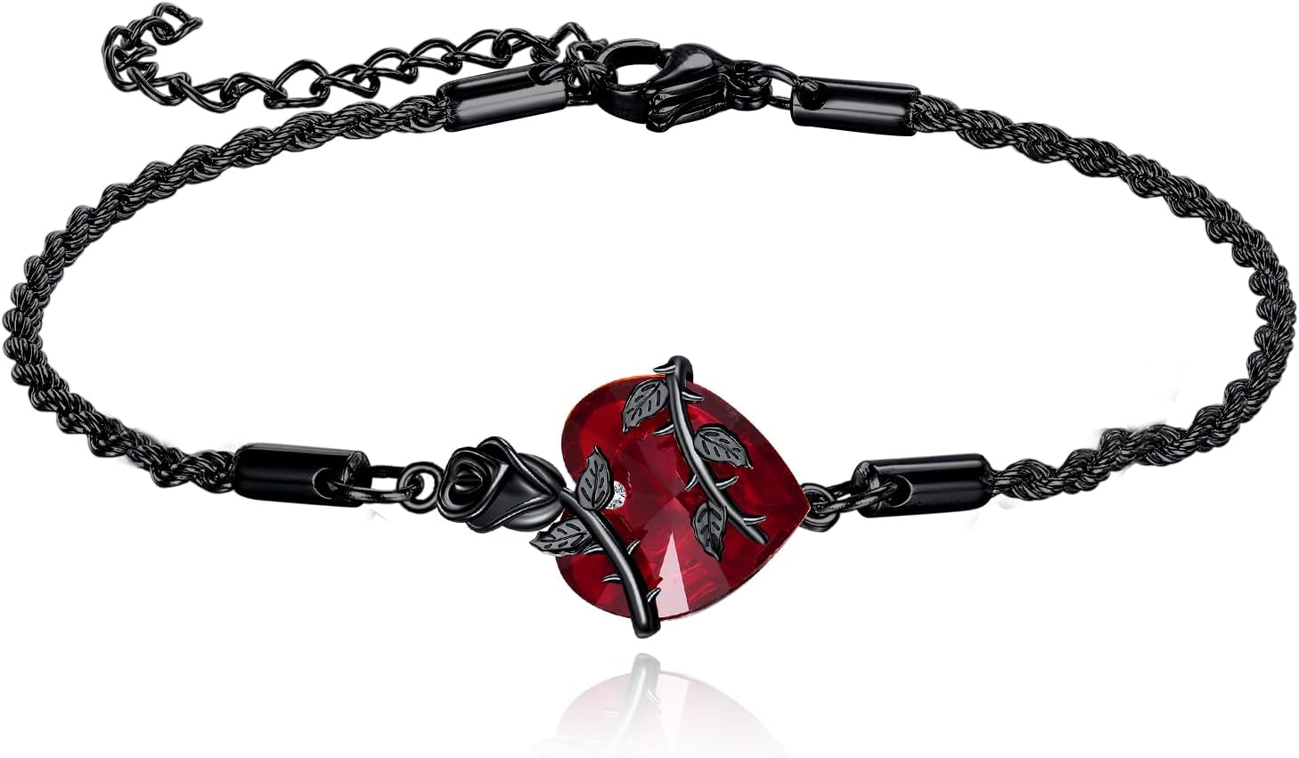 Black Rose Bracelet 925 Sterling Silver Gothic Red Heart Shape Link Bracelets Goth Rose Flower Jewelry Gift for Women
