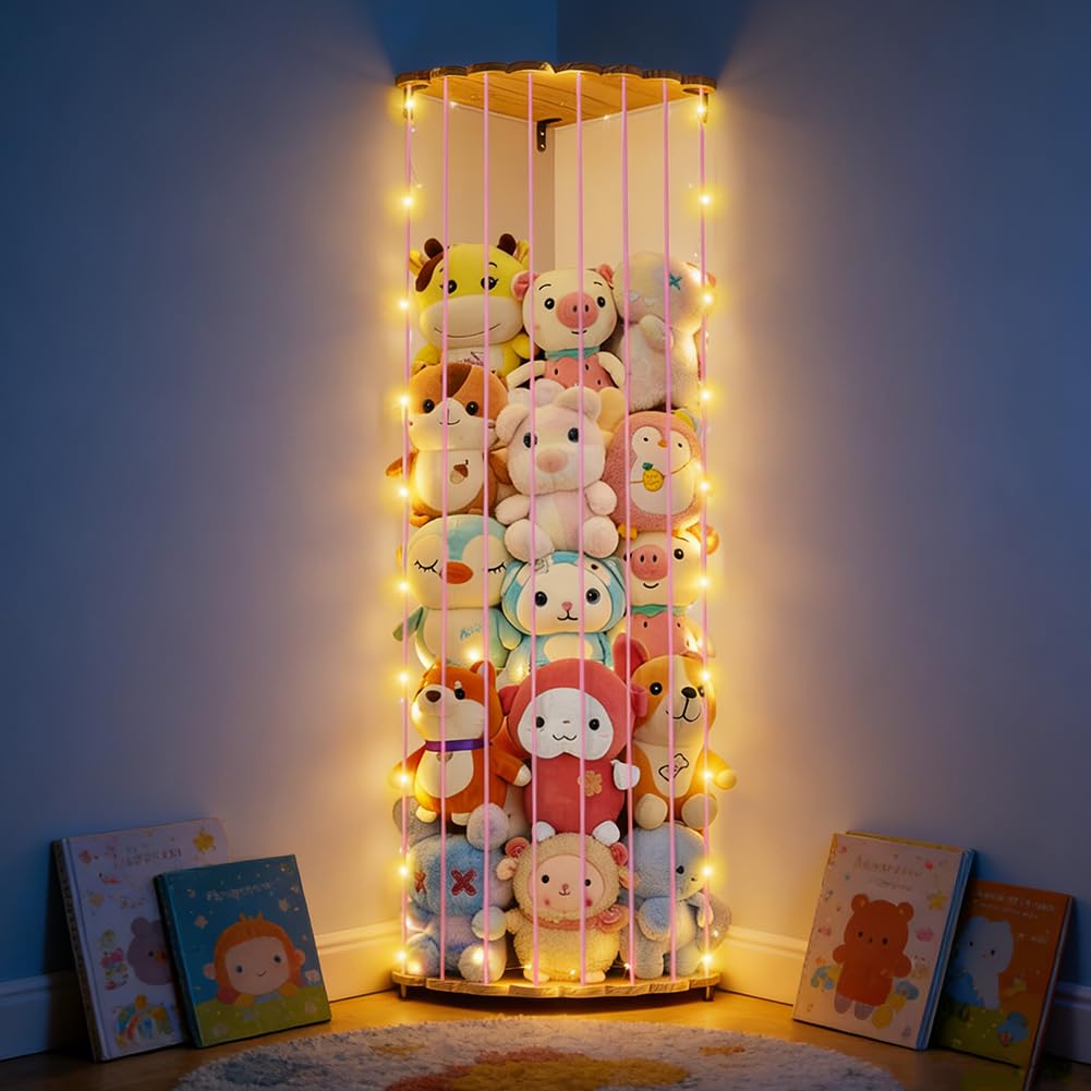 Kuscheltier Aufbewahrung Organizer mit LED-Beleuchtung, 1,8 Meter Holz Wandregal für Stofftiere, Plüschtier Aufbewahrung mit Stauraum, Wandmontiertes Spielzeug Organizer für Kinderzimmer, Schlafzimmer