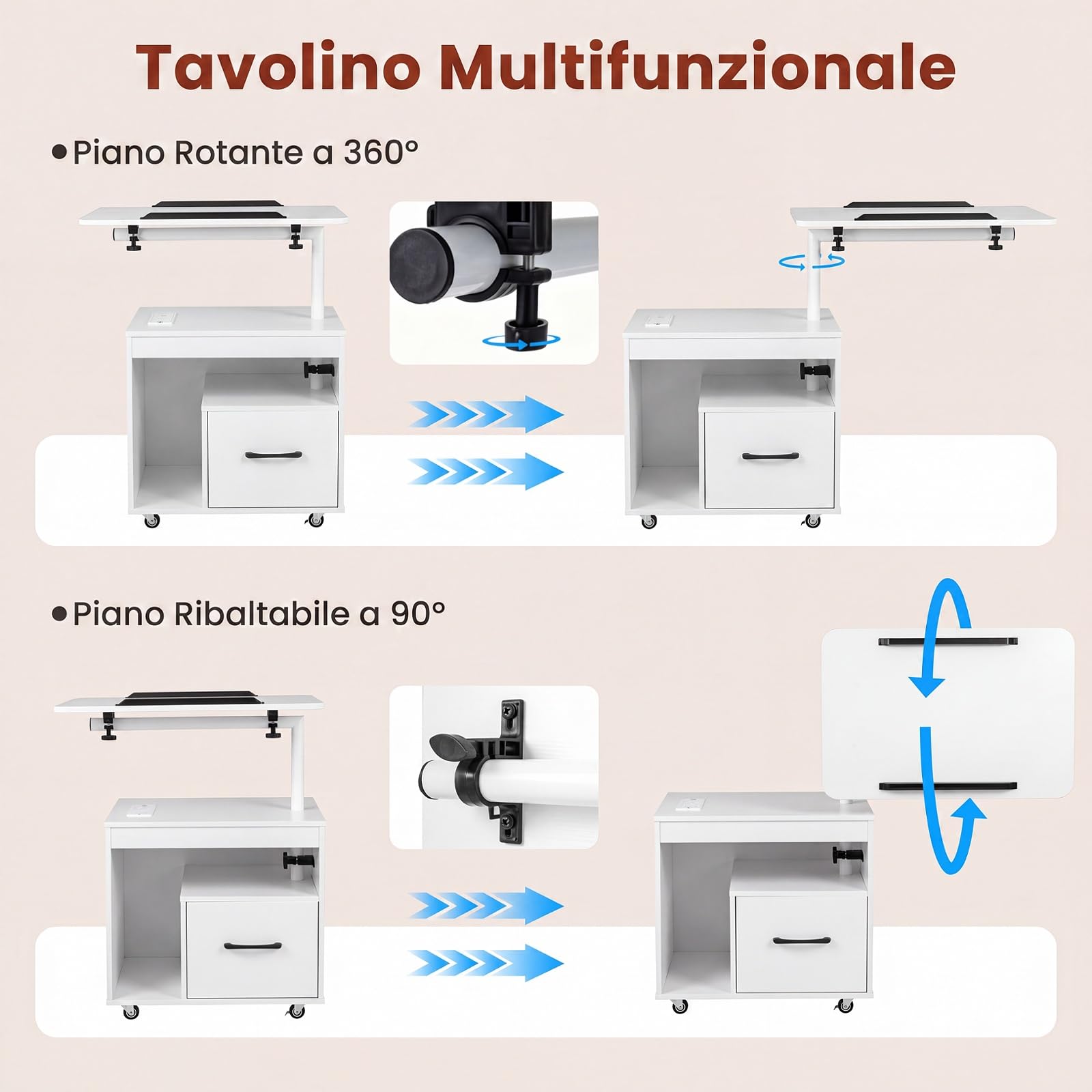 COSTWAY Comodino Camera da Letto con Piano Ribaltabile Girevole (Bianco,1) | con 4 Ruote, Luci LED, Cassetto e Stazione di Ricarica, Comodino Salvaspazio in Legno per Soggiorno, 60 x 40 x 74 cm