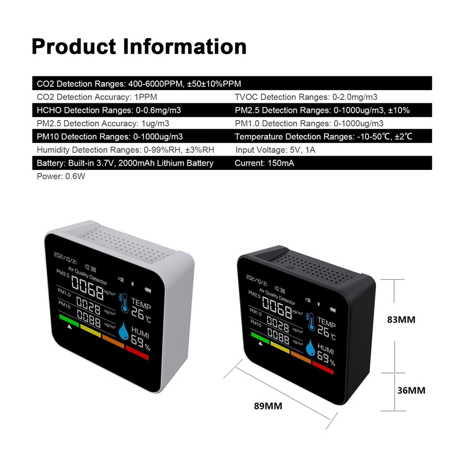 9in1 BT Monitor Della Qualità Aria Misuratore Di CO2 Rilevatore Anidride Carbonica Ora/Data TVOC HCHO PM2.5 PM1.0 PM10 Tester Umidità Temperatura(White)
