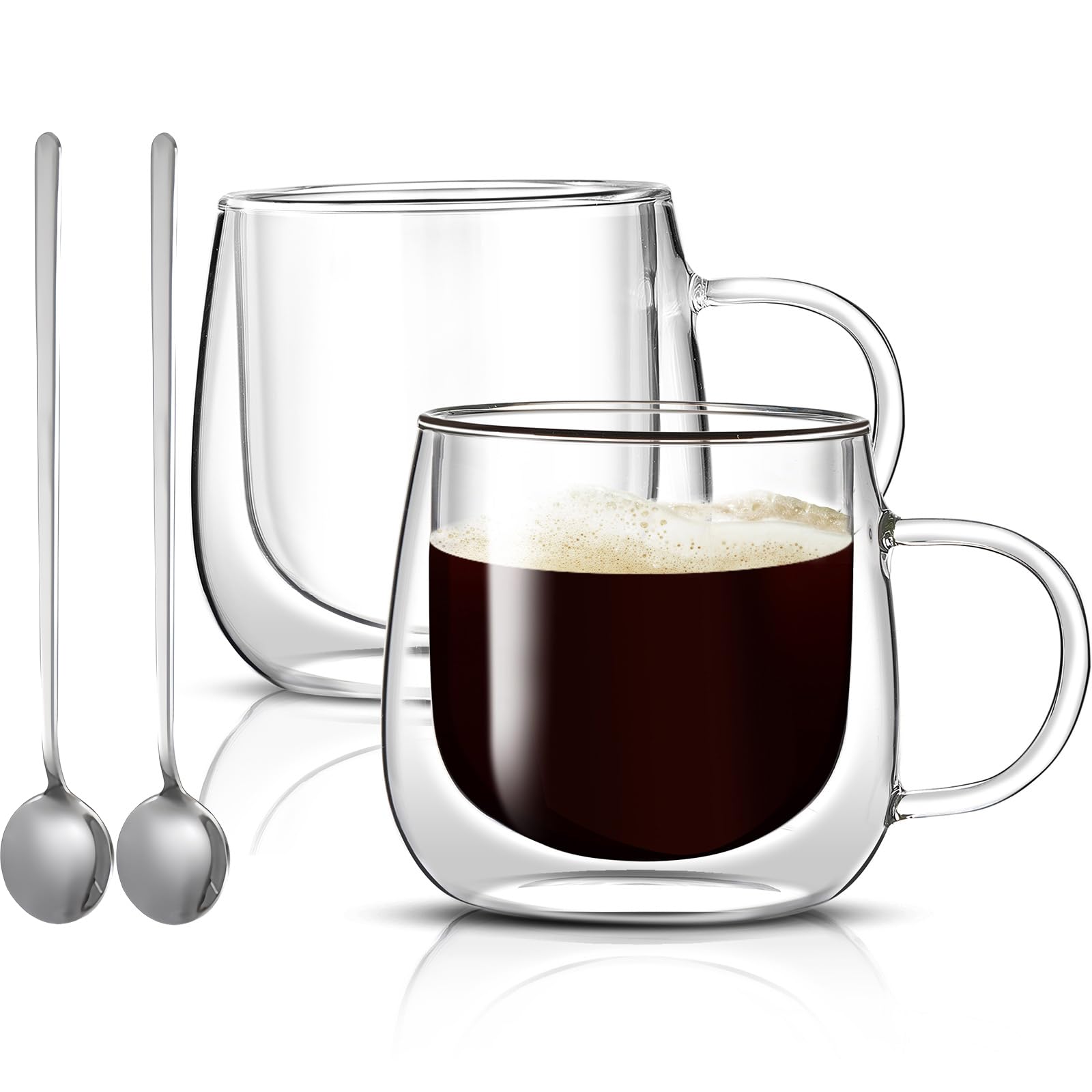 16oz Double Wall Glass Coffee Mugs Set of 2, Clear Coffee Mug, Insulated Glass Coffee Cups, Glass Mugs with Handles, Large Coffee Mug for Cappuccino, Americano, Tea