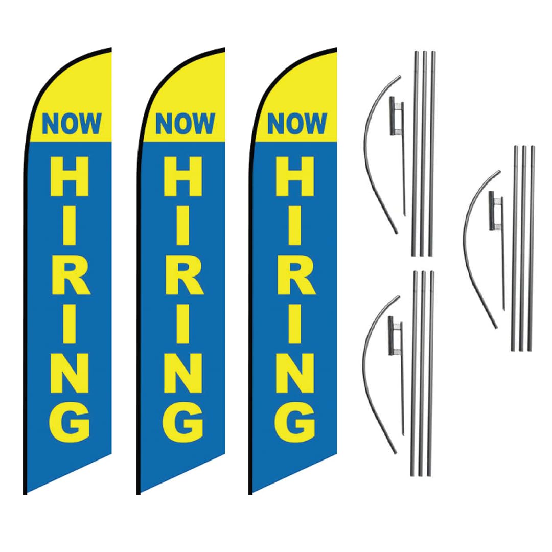 Three (3) Pack Swooper Flags & Pole Kits Now Hiring Yellow Light Blue C