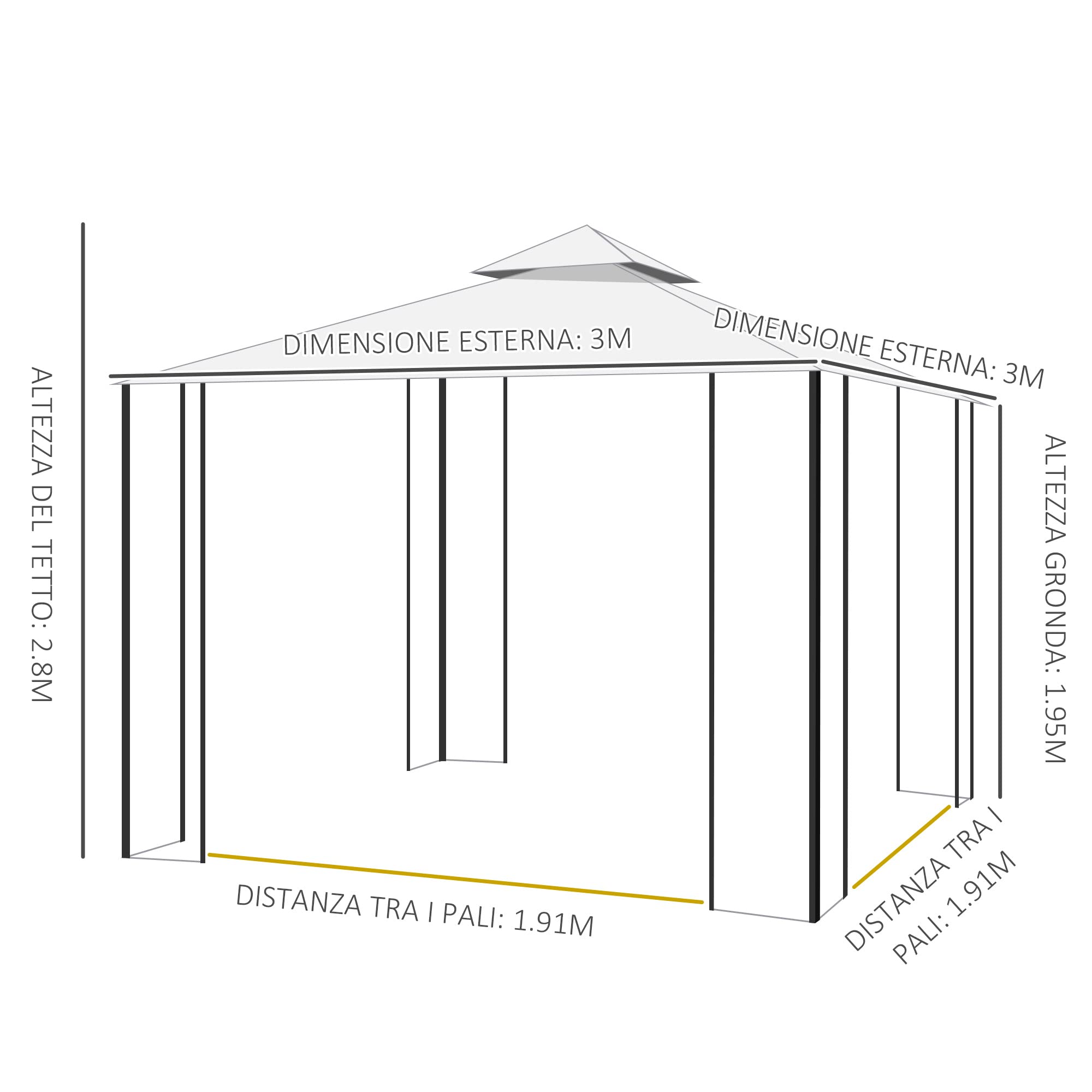 Outsunny Gazebo 3x3m da Esterno con Zanzariera Telaio Acciaio Bianco | Doppio Tettuccio, Gazebo da Giardino