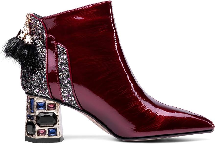 TinaCus Women's Patent Leather Handmade Crystal Mid Chunky Heel Back Zipper Pointed Toe Plus-Size Ankle Boots