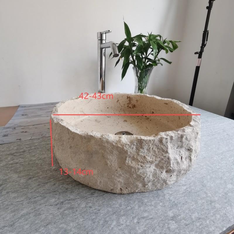 Beżowy trawertyn kamienna umywalka blat okrągłe zlewozmywaki 40 cm x 13 cm chrocks