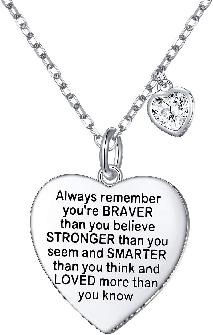 FLYOW Sterling Silver Always Remember You are Braver Than You Believe Jewelry Heart Pendant Necklace Inspirational Gifts for Daughter from Mom Dad