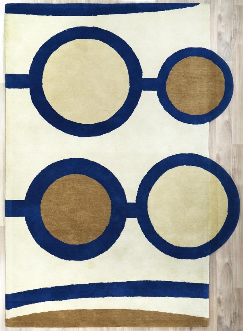 Hand Tufted Modern Circle Pattern Wool Area Rug 5x8 Ft Blue and Beige Geometric Living Room Carpet 7.0x10.0 Multi