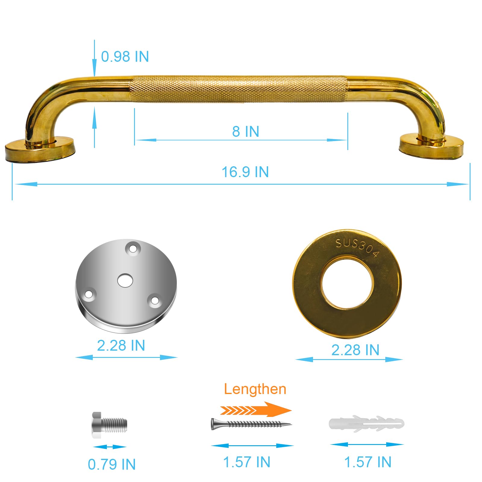 Maniglioni per vasca da bagno e doccia, confezione da 2, 40,6 cm, barra di sicurezza per disabili per anziani, barre antiscivolo per doccia, maniglie per doccia per anziani (oro)