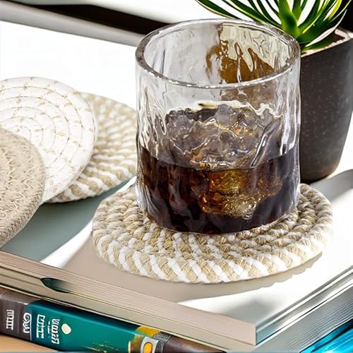 Tootesa Untersetzer für Getränke,8 Stück Handgemachte Untersetzer Gläser mit Halter,Runde Untersetzer aus Baumwolle,Abwaschbar Verschleißfest Tasse Matten Tisch Deko (Braun 4-Farbig)
