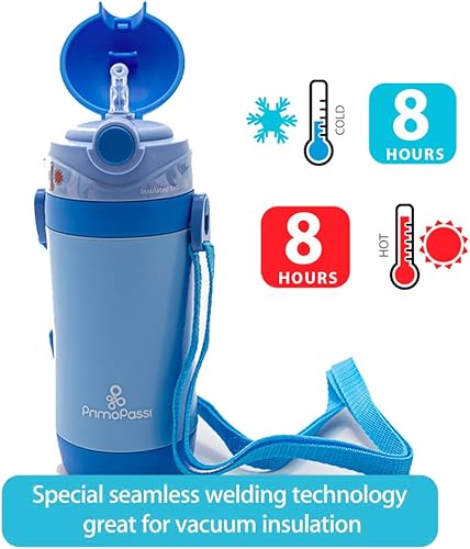 Miniatura 3 de Primo Passi - Botella de agua con pajilla aislada para niños, botella térmica de 12 onzas, color azul