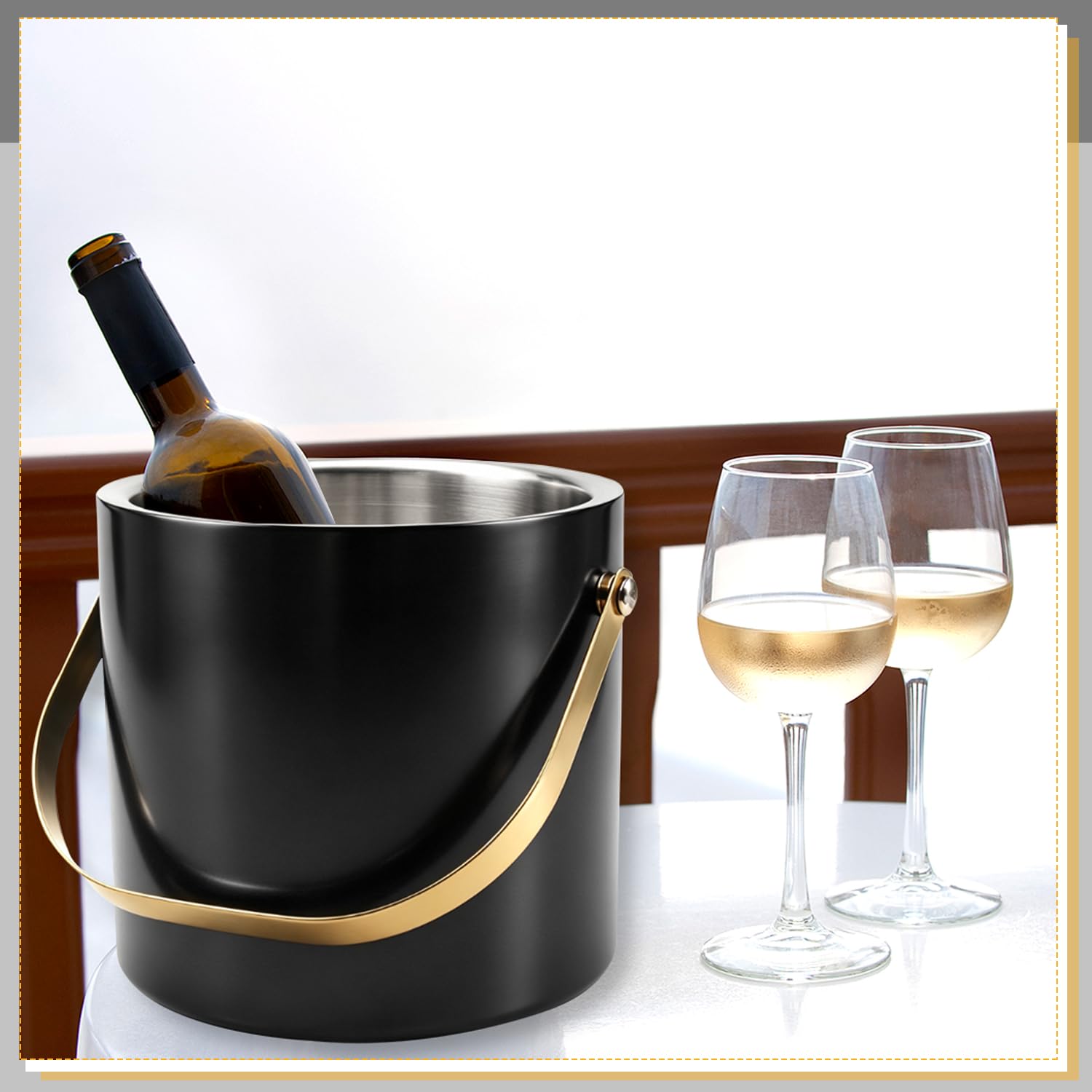 Anvin Cubo de hielo de acero inoxidable de doble pared de 3 L con pinzas, cuchara y colador de hielo, enfriador de cóctel aislado, soporte para champán, accesorio lateral para barbacoas, fiestas
