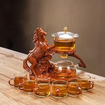 Glass Teapot Set Semi Automatic Rotating Cover Bowl with Infuser Lazy Kungfu Tea pot Set Teapot set, Horse