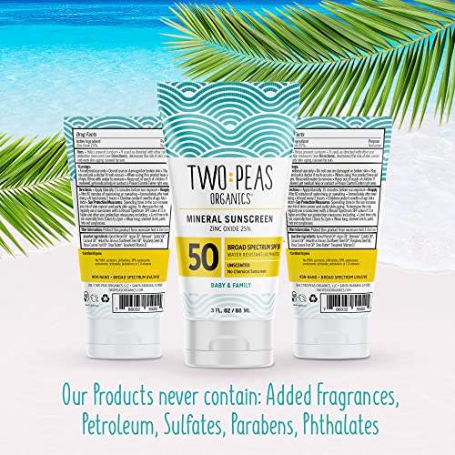 Two Peas Organics - All Natural Organic Spf 50 Sunscreen Lotion - Coral Reef Safe - Baby, Kid & Family Friendly - Chemical Free Mineral Based Formula - Waterproof & Unscented – 3Oz #TOP6