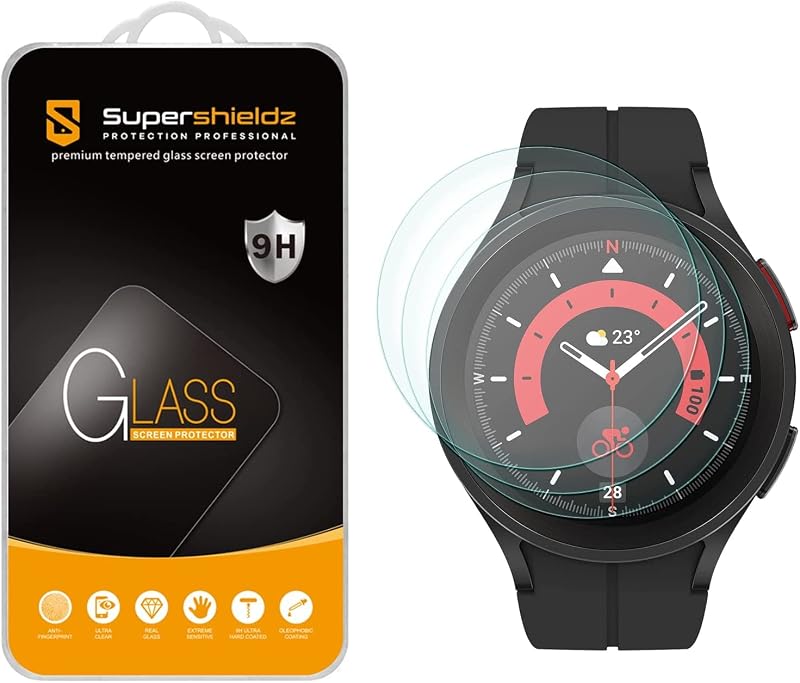 Supershieldz (paquete de 3) diseñado para Samsung Galaxy Watch 5 Pro (45 mm) Protector de pantalla de vidrio templado, 0.33mm, anti arañazos, sin burbujas