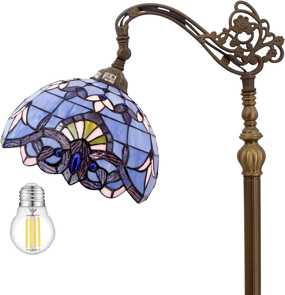 WERFACTORY Floor Lamp Tiffany Style Blue Purple Stained Glass Arched Lamp 12X18X64 Inches Gooseneck Adjustable Corner Standing Reading Light Decor Bedroom Living Room S003C Series