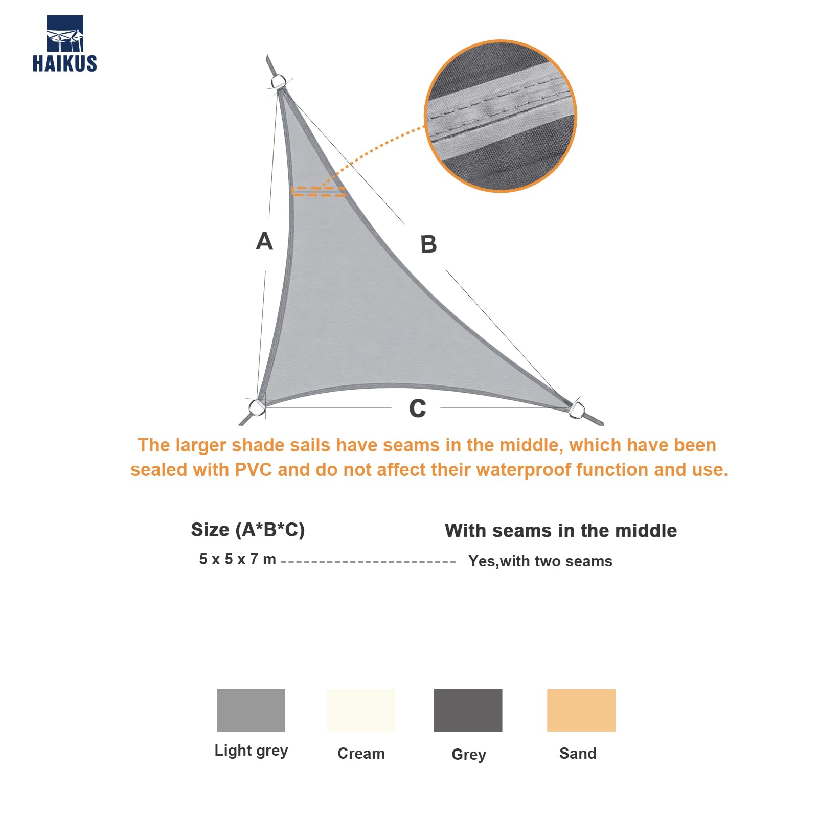 HAIKUS Tenda a Vela Impermeabile Triangolare 5x5x7 m, Protezione Raggi UV 98%, Telo Ombreggiante Triangolo 5x5 x7,1 m, Tenda da Sole per Esterno Giardino Terrazzo, Bianca beige