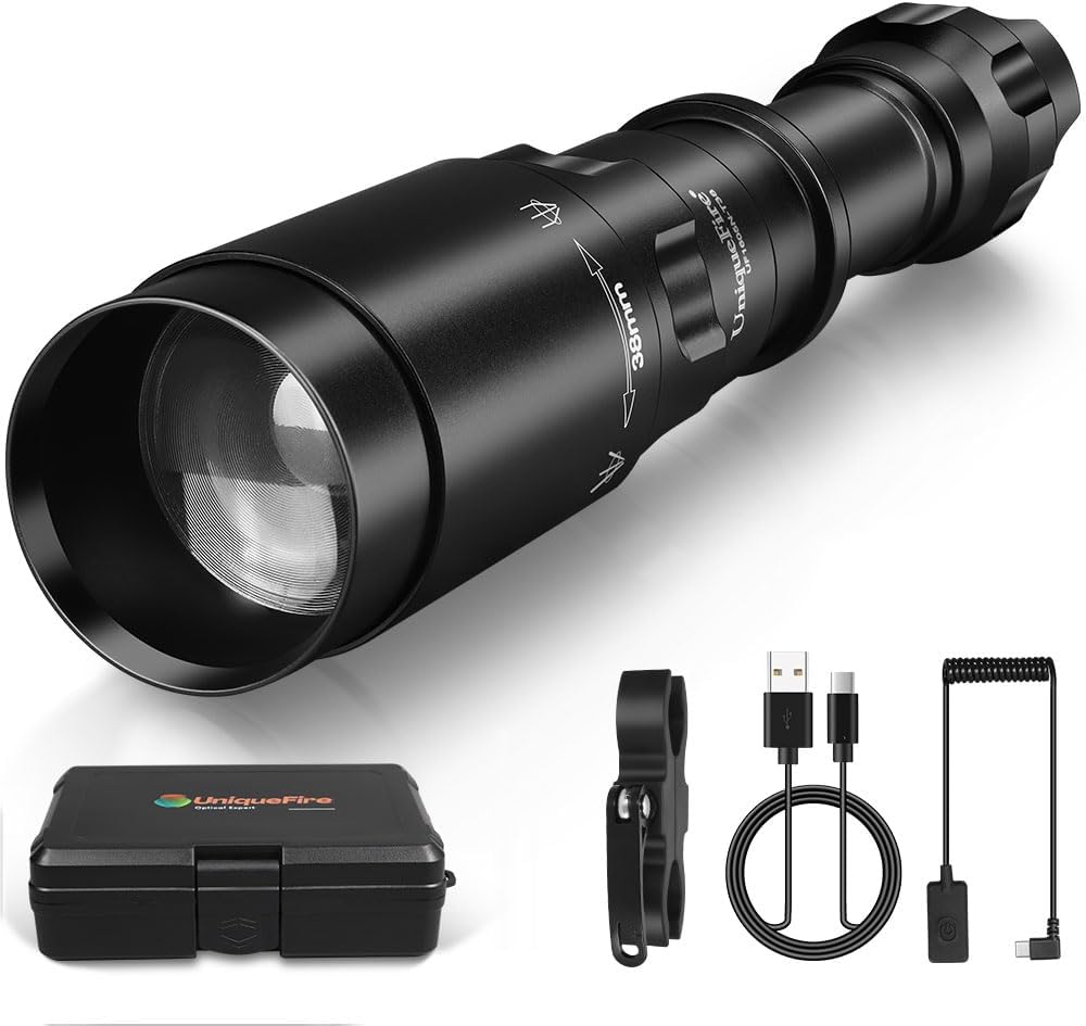 UniqueFire Upgrade 1605N T38 850nm IR Illuminator USB C Rechargeable LED Flashlight for Night Vision Hunting Fishing,Fresnel Lens Zoomable Infrared Light Tactical Torch Set,Lighting Up to 500M+