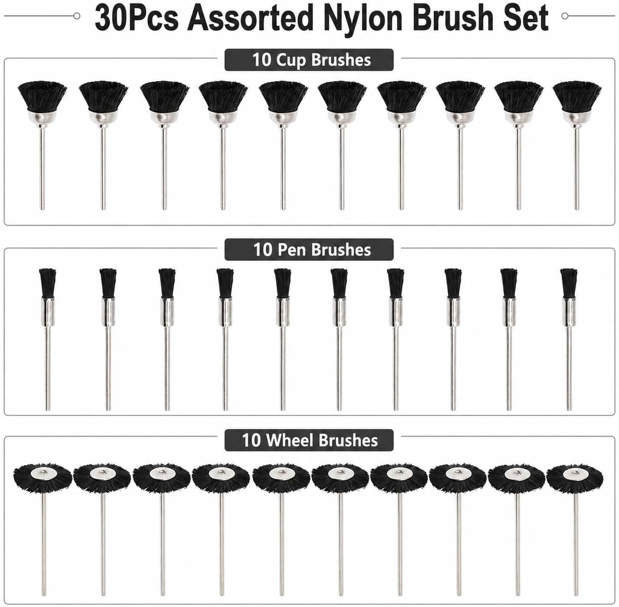 Soft Nylon Bristle Brushes Cup Wire Brush Set Cleaning Polishing Accessories 2.35mm Shank for Rotary Drill Tools Pack of 30 Pieces image 2