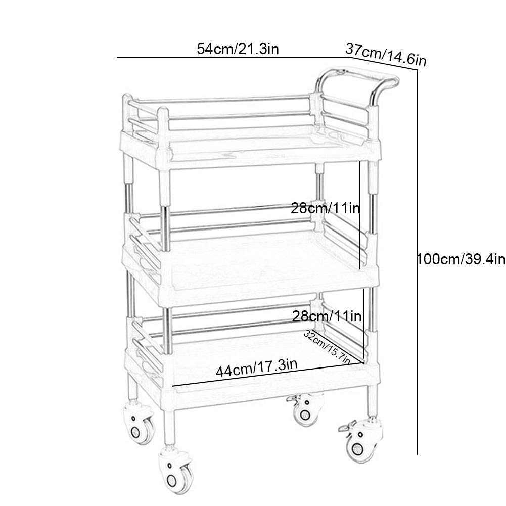 Chariot utilitaire multifonction à 3 niveaux pour la beauté, la restauration et l'hôtellerie – Chariot à roulettes en plastique rose avec roues et poignée pour le nettoyage et la salle à manger