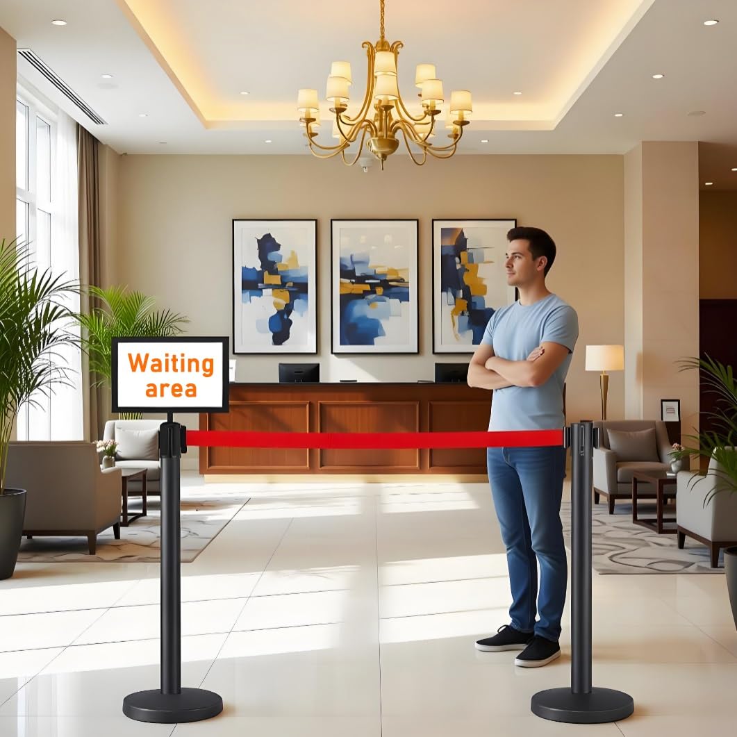 Soportes de control de multitudes con cinturones retráctiles y soporte para carteles, poste de barrera de seguridad de acero inoxidable para uso comercial