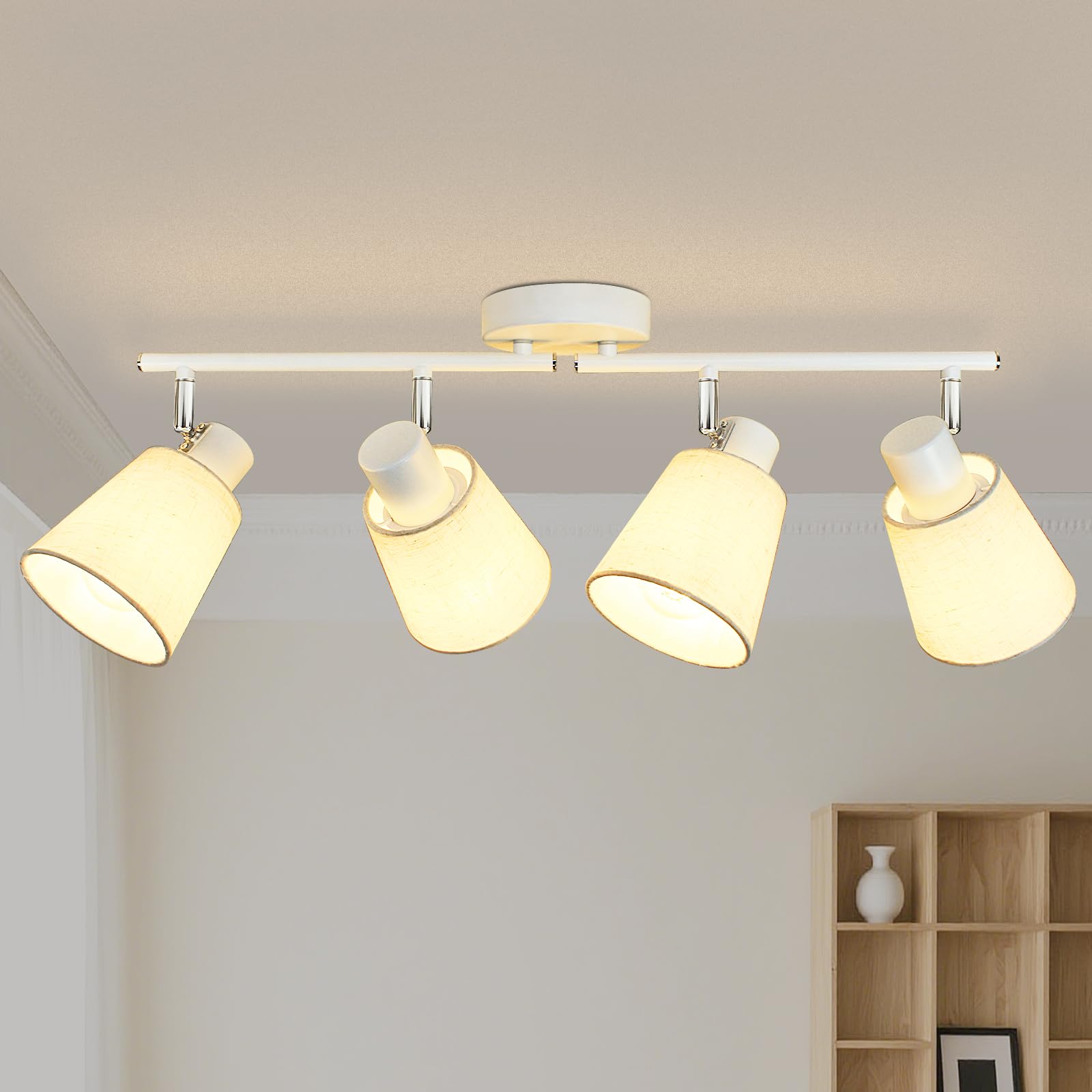 Deckenstrahler 4 Flammig Deckenlampe E27 Weiß | Deckenleuchte Schwenkbar 350°, Leinen Lampenschirm, für Wohnzimmer, Flur, Küche, Schlafzimmer, Ohne Leuchtmittel